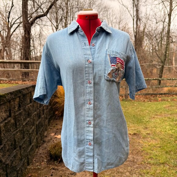 Vintage Northern Reflections Denim Teddy Flag Button Shirt - Picture 1 of 8
